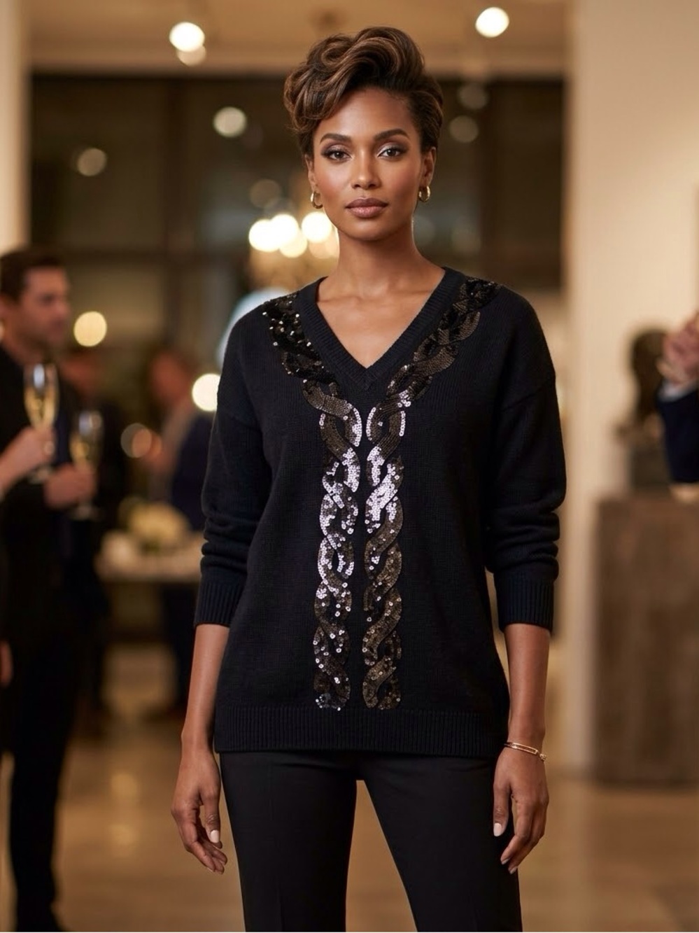 VDP Collection/ Wool Cashmere V-Neck Black Sweater w/Sequins - Sz. L -NWT Italy